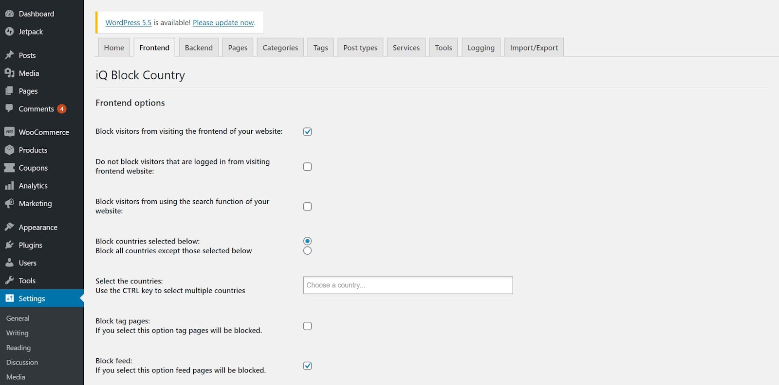 Screenshot showing how to block users from the Frontend tab in WordPress