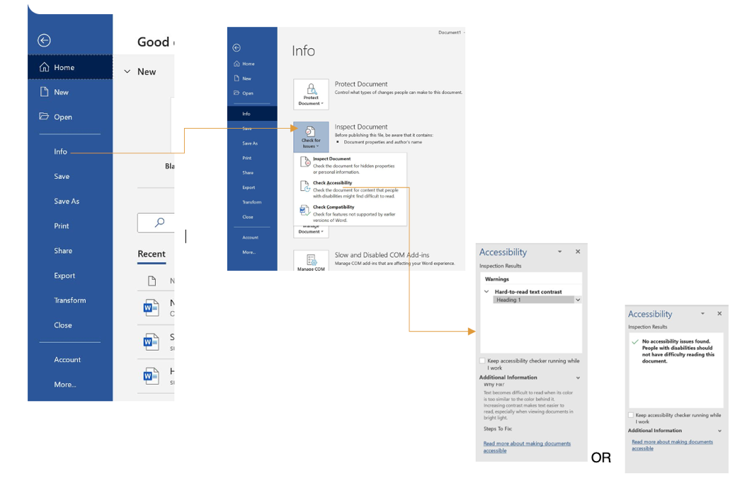 Screenshots depicting the process to access accessibility checker in MS Word