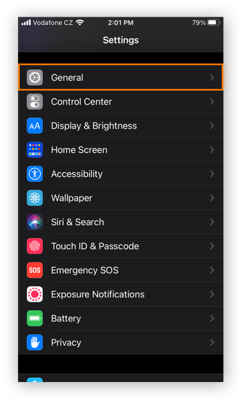 Opening the General settings in the Settings app for iOS