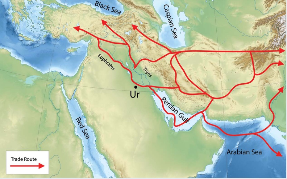In the third millennium BCE, people in Lower Mesopotamia used river routes to trade northward. They also used sea routes through the Persian Gulf, and they connected with traders to the east by crossing the Iranian Plateau. | Author: Corey Parson | Source: Original Work | License: CC BY-SA 4.0