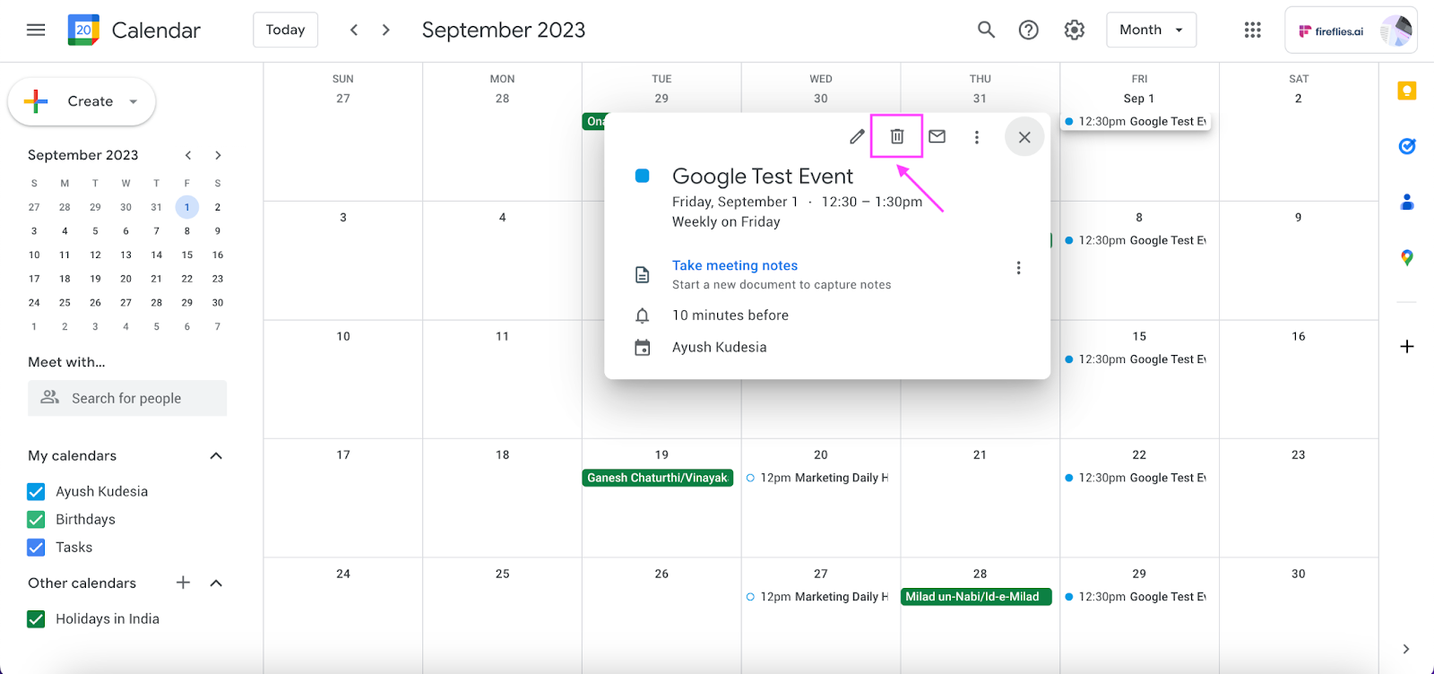 How to cancel Google Calendar event - Click on trash icon