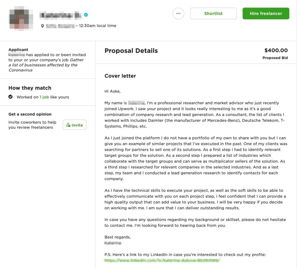 cover letter upwork