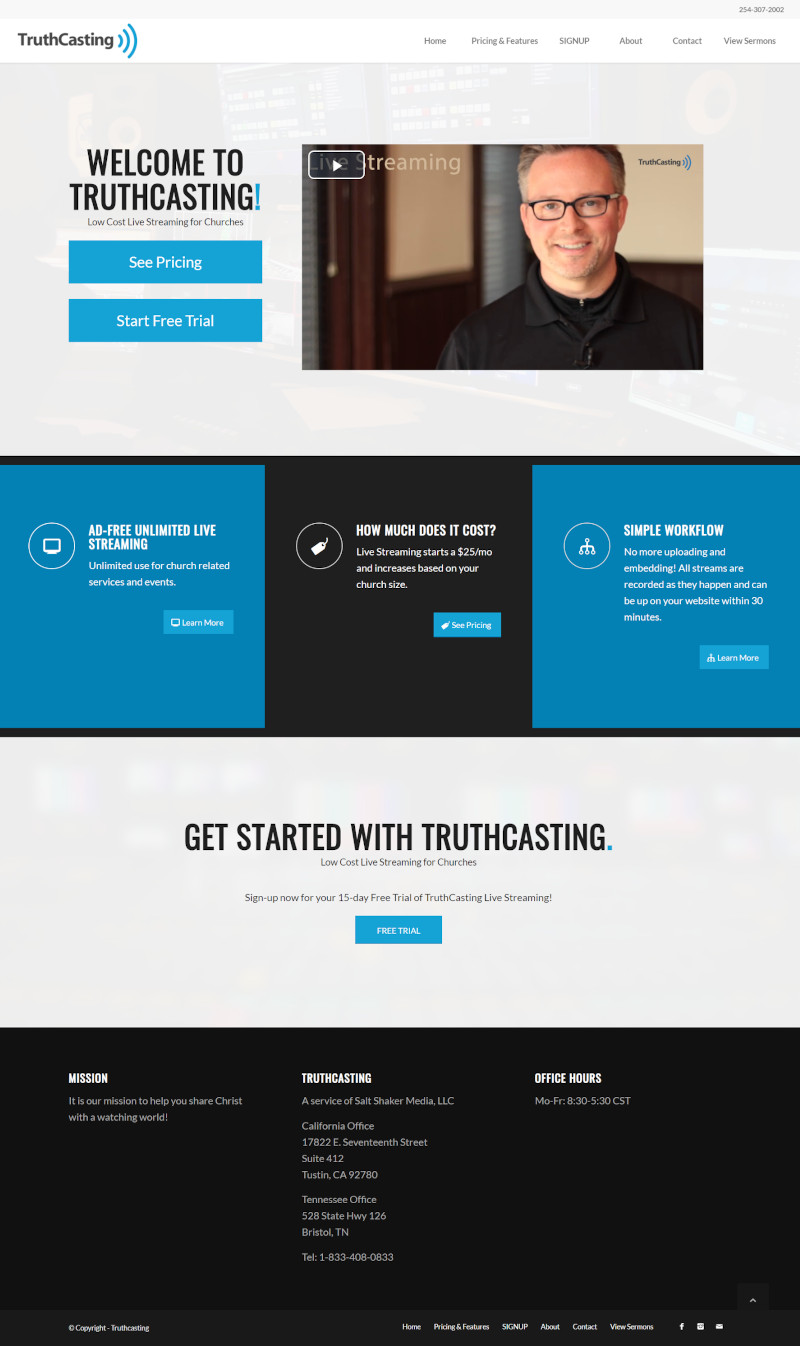 TruthCasting Website for Church Streaming Software Screenshot