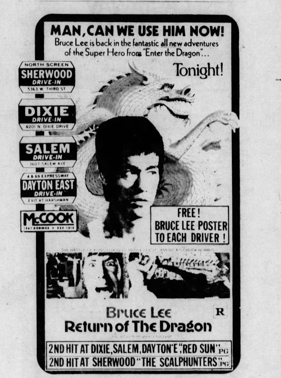 1974 Bruce Lee Return of The Dragon Promo Poster from Dayton, Ohio 