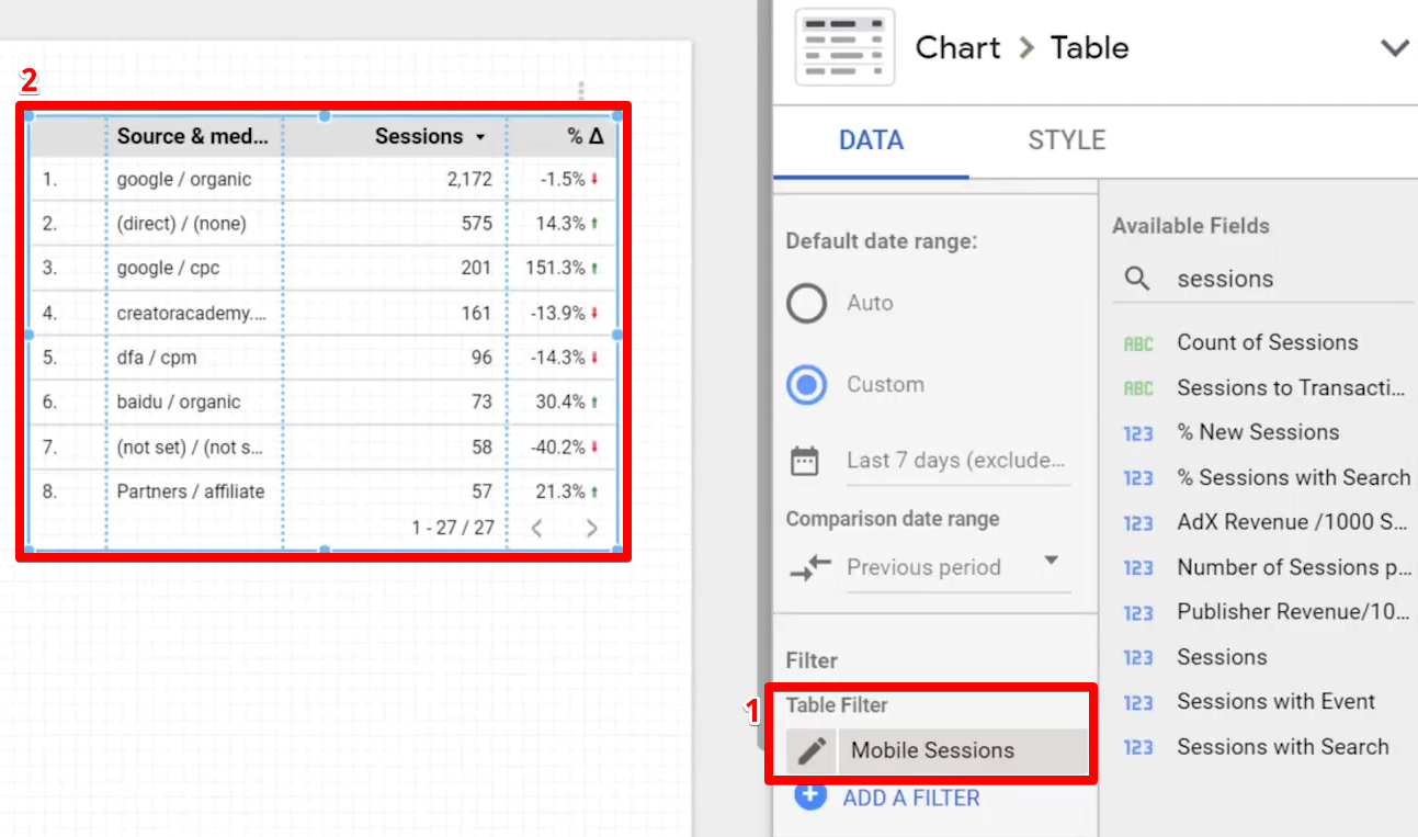 Utilizing a mobile sessions filter for a chart on data studio 