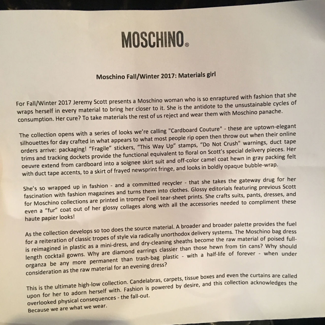 show notes for Moschino one of the Fashion Week Terms