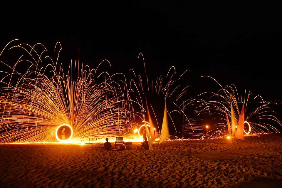 A fire show on a beach in Koh Samui. Performers spin fire for a bright display against the night sky.