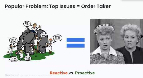 Top issue in sales enablement: being an order taker. The image shows the parable of the blind people and the elephant. 