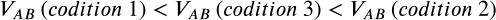 <math xmlns="http://www.w3.org/1998/Math/MathML" display="block" data-is-equatio="1" data-latex="V_{AB}\left(codition\ 1\right)&lt;V_{AB}\left(codition\ 3\right)&lt;V_{AB}\left(codition\ 2\right)"><msub><mi>V</mi><mrow data-mjx-texclass="ORD"><mi>A</mi><mi>B</mi></mrow></msub><mrow data-mjx-texclass="INNER"><mo data-mjx-texclass="OPEN">(</mo><mi>c</mi><mi>o</mi><mi>d</mi><mi>i</mi><mi>t</mi><mi>i</mi><mi>o</mi><mi>n</mi><mtext></mtext><mn>1</mn><mo data-mjx-texclass="CLOSE">)</mo></mrow><mo>&lt;</mo><msub><mi>V</mi><mrow data-mjx-texclass="ORD"><mi>A</mi><mi>B</mi></mrow></msub><mrow data-mjx-texclass="INNER"><mo data-mjx-texclass="OPEN">(</mo><mi>c</mi><mi>o</mi><mi>d</mi><mi>i</mi><mi>t</mi><mi>i</mi><mi>o</mi><mi>n</mi><mtext></mtext><mn>3</mn><mo data-mjx-texclass="CLOSE">)</mo></mrow><mo>&lt;</mo><msub><mi>V</mi><mrow data-mjx-texclass="ORD"><mi>A</mi><mi>B</mi></mrow></msub><mrow data-mjx-texclass="INNER"><mo data-mjx-texclass="OPEN">(</mo><mi>c</mi><mi>o</mi><mi>d</mi><mi>i</mi><mi>t</mi><mi>i</mi><mi>o</mi><mi>n</mi><mtext></mtext><mn>2</mn><mo data-mjx-texclass="CLOSE">)</mo></mrow></math>