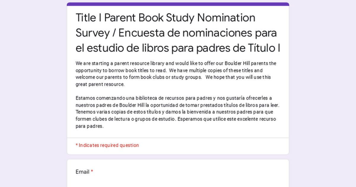 Title I Parent Book Study Nomination Survey / Encuesta de nominaciones para el estudio de libros para padres de Título I
