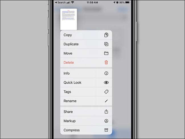 Tap and hold a file to open a pop-up menu and perform other operations.