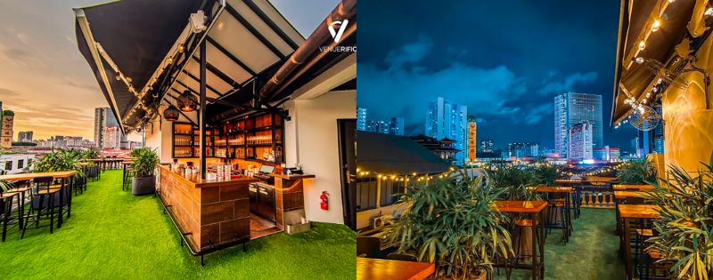 barouv outdoor rooftop bar area with a view of singapore skyline