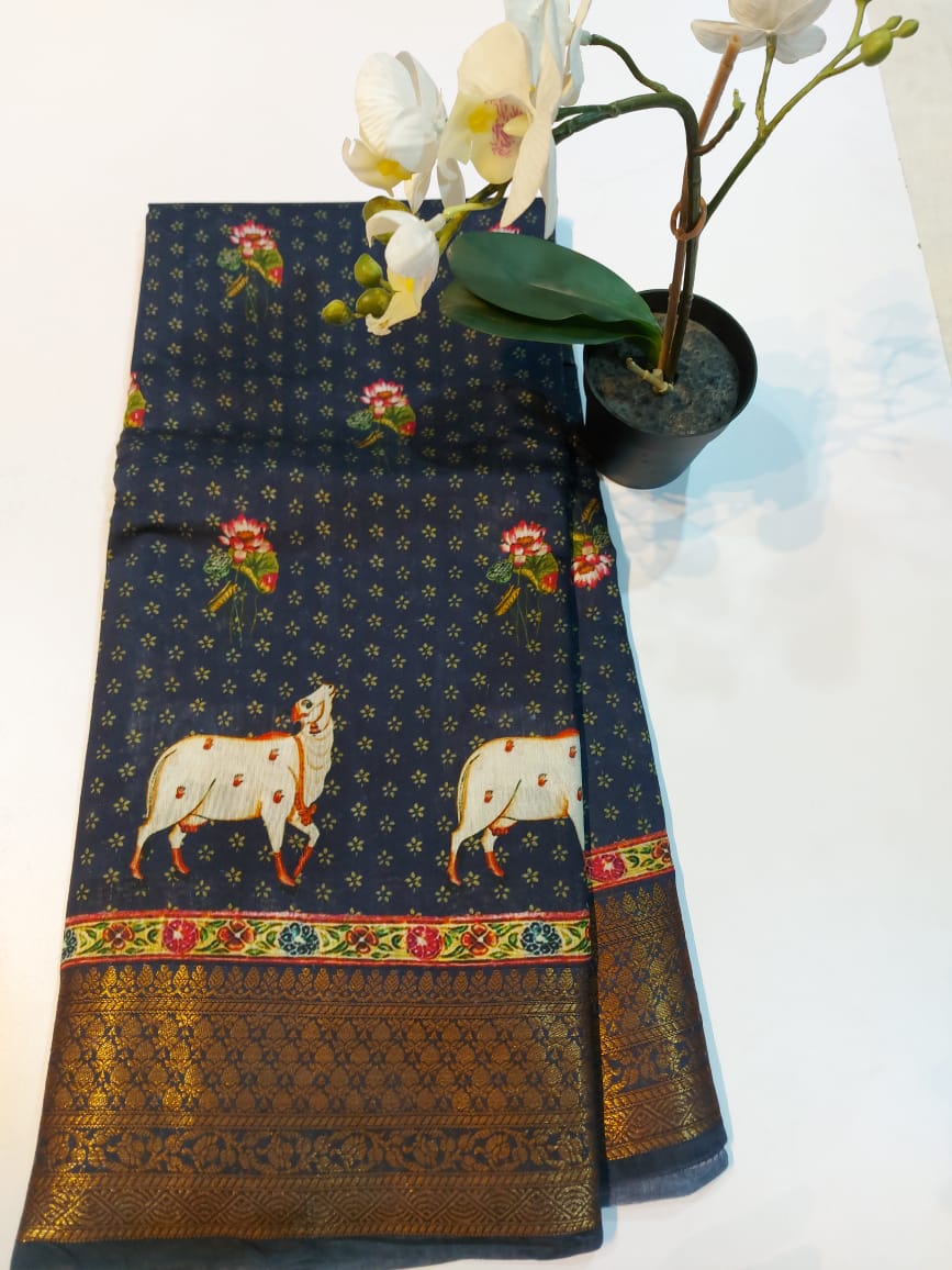 Elegant traditional pichwai prints on pure munga silk sarees