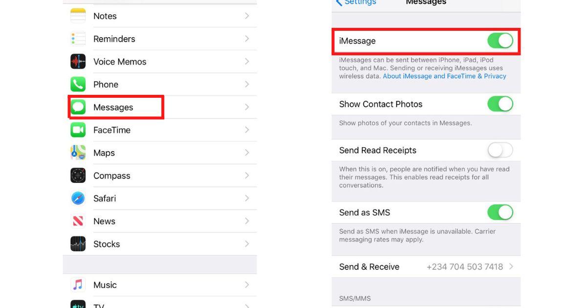 Turn off iMessage from message settings on iPhone