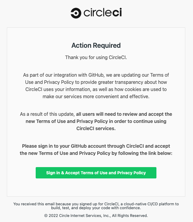 CiricleCI Phishing email sent by the attacker 