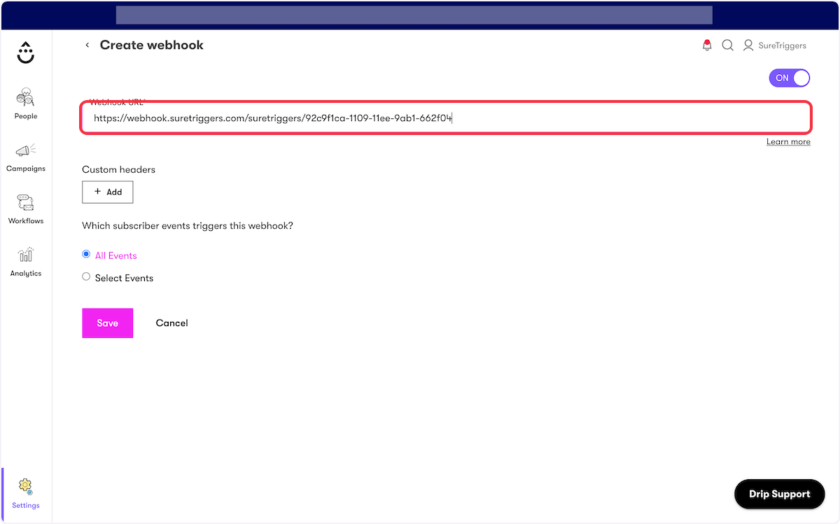 Copy and paste the webhook URL in the Webhook URL field.