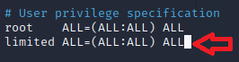 We add a line here to give the limited user for full sudo privileges.
