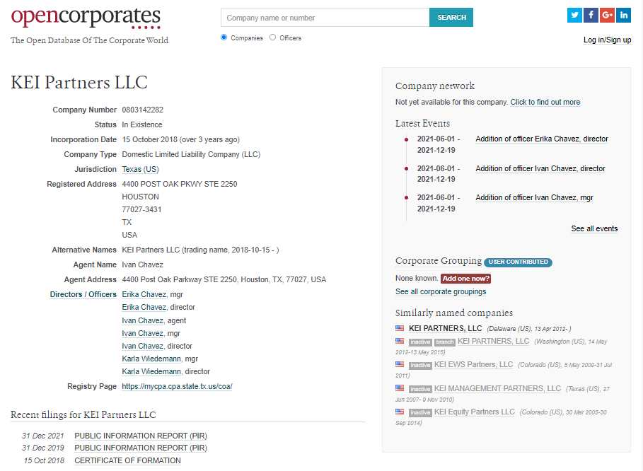 Portal de OpenCorporates con información sobre KEI Partners LLC