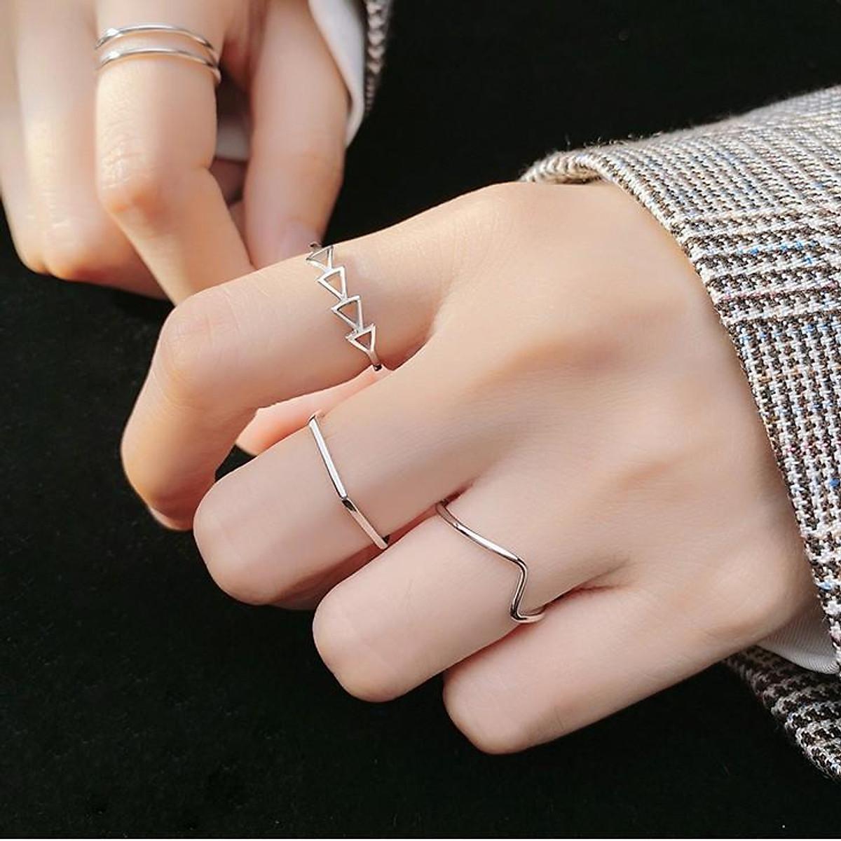 Nhẫn bạc nữ s925 bộ set hình học freesize hở cá tính đơn giản | Tiki