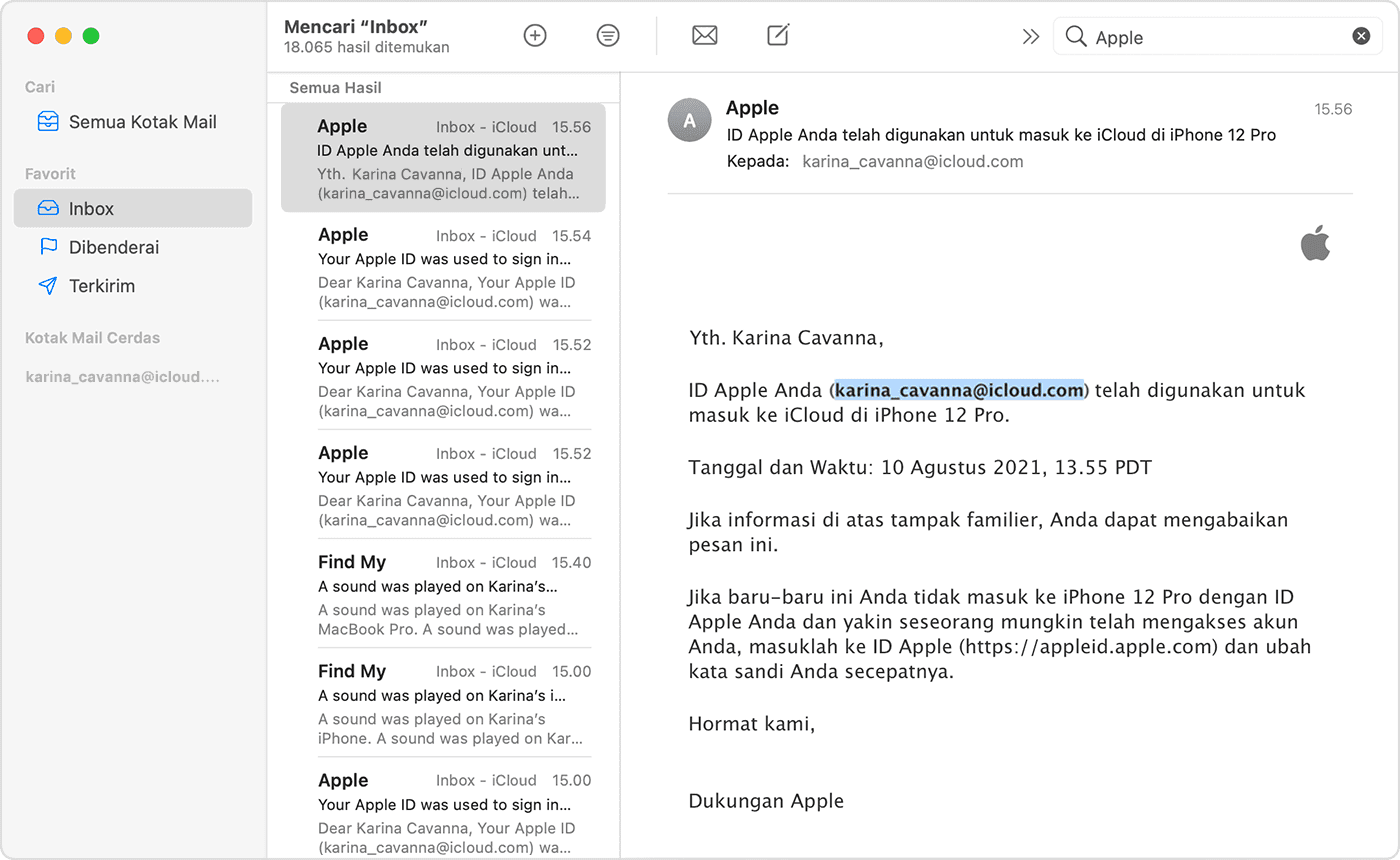 Beberapa email dari Apple mungkin menyebutkan ID Apple Anda. Di sini, ID Apple berada dalam tanda kurung dan disoroti.