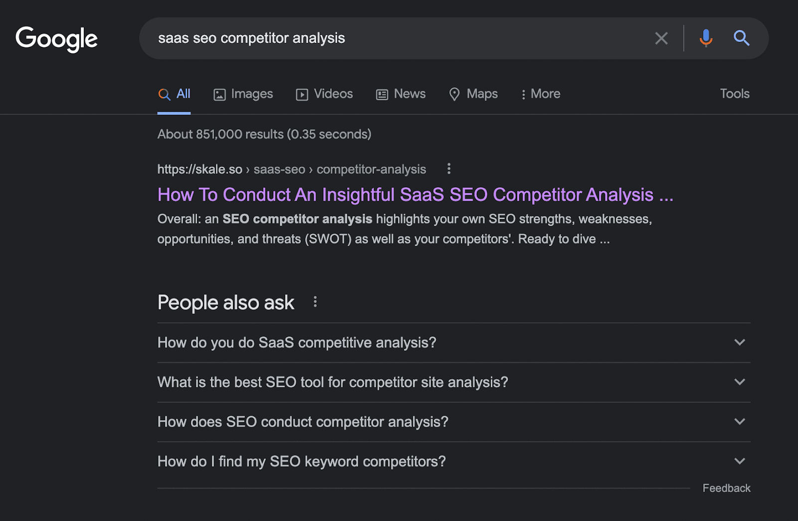 Google query for 'SaaS SEO Competitor Analysis' that shows Skale.so as the first result on the SERPs.
