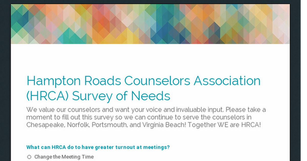 Hampton Roads Counselors Association (HRCA) Survey of Needs