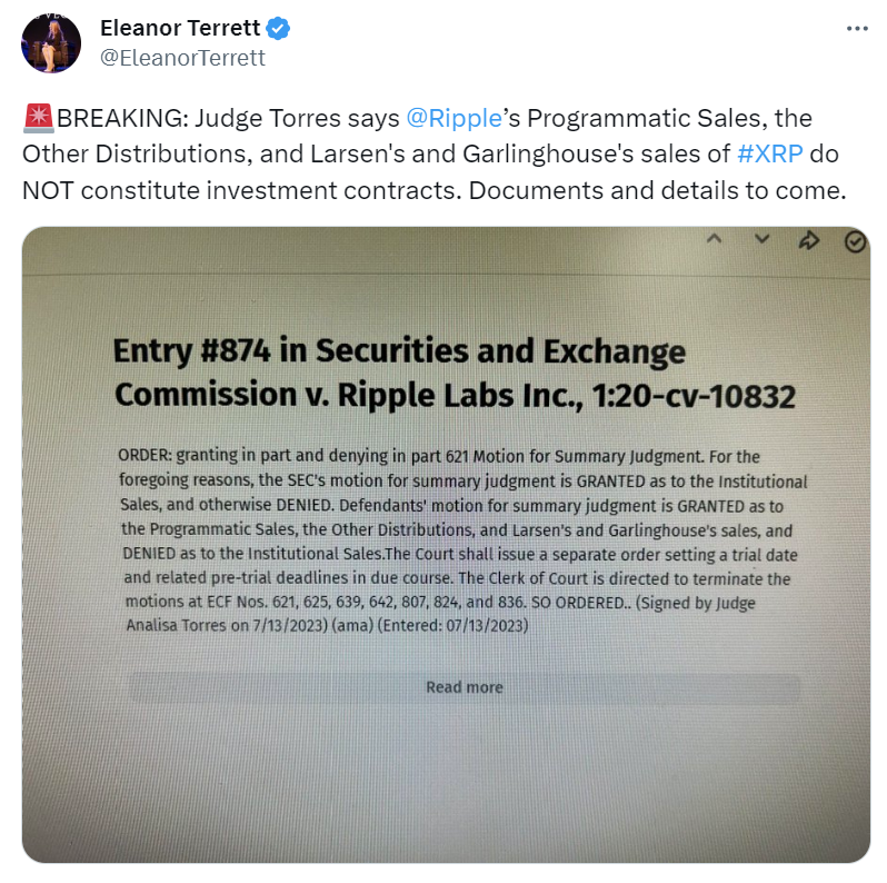 Tweet from the Fox Business Journalist, Eleanor Terrett