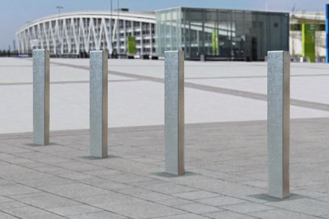 Square steel bollards (fixed) showcased above ground from Barriers Direct, protecting a stadium in the background.