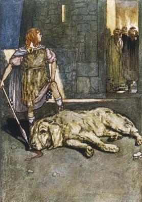 "Setanta Slays the Hound of Culain", illustration by Stephen Reid from Eleanor Hull, The Boys' Cuchulain, 1904.