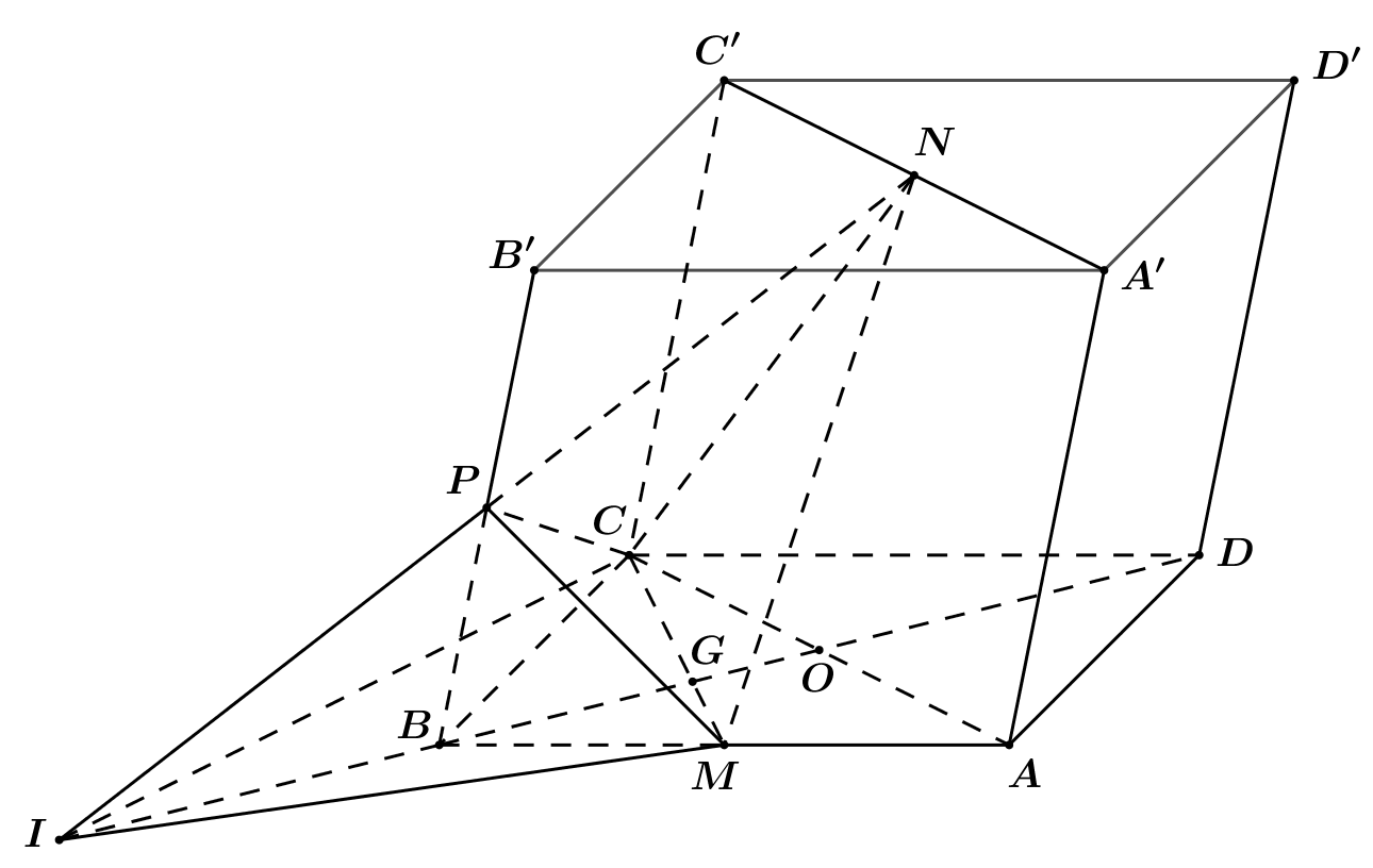 36. Cho hình hộp (ABCD.A'B'C'D') có thể tích bằng (V). Gọi (M,,N,,P) lần lượt là trung điểm của các cạnh (AB), (A'C'), (BB'). Tính thể tích khối tứ diện (CMNP). </p> 1