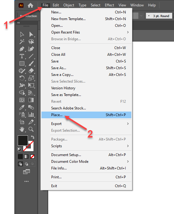 Click on File and then Place in Illustrator