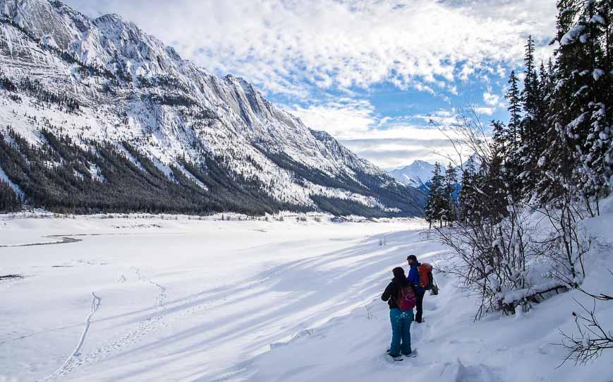 Snowshoeing beside Medicine Lake