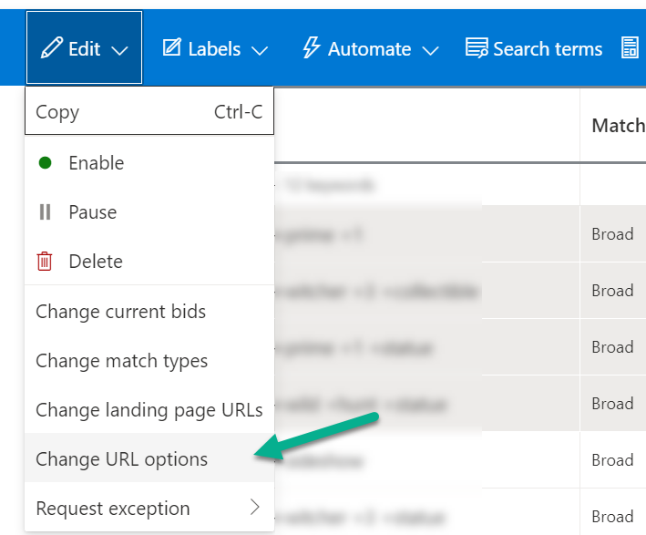 This image depicts how one might set up tracking templates at the campaign, ad group, ad, keyword or sitelink extension level. This example shows how one might get to the tracking template screen for a keyword by choosing "Change URL options" after checking one or more of the keywords.