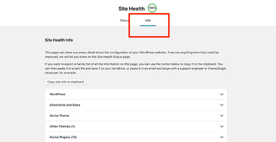 Informações de depuração de integridade do site