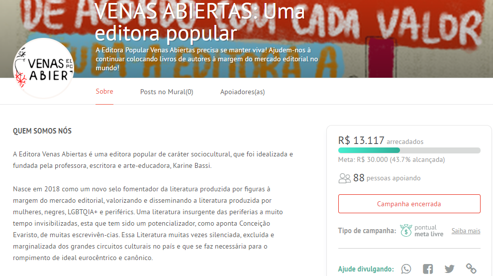 Página de campanha com texto descritivo sobre o projeto da editora independente Venas Abiertas.