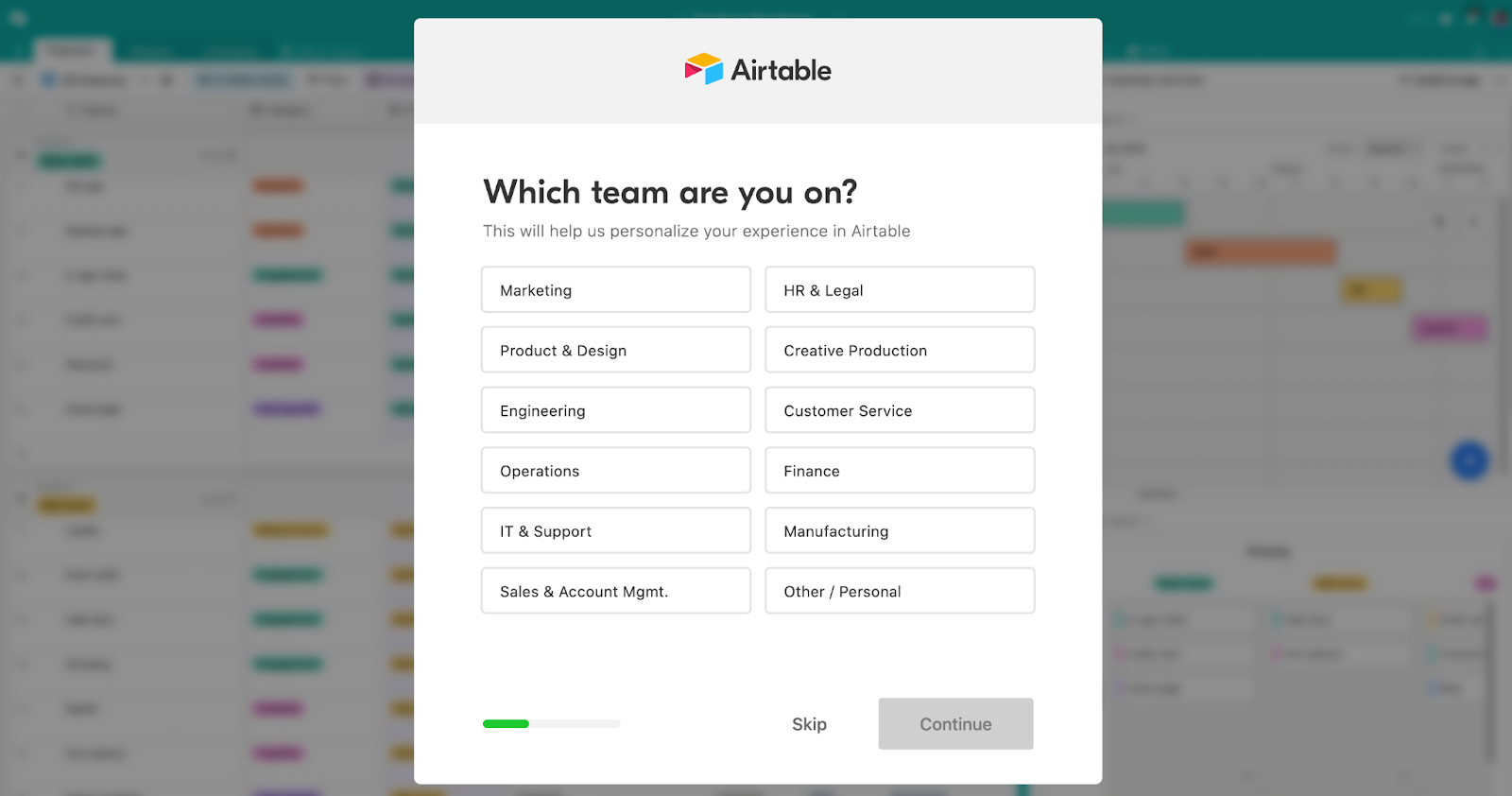 Best user onboarding example: Airtable onboarding question