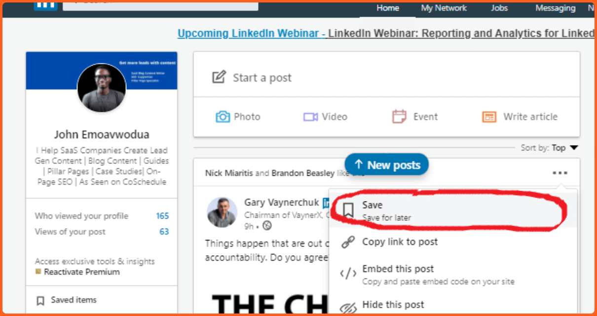 Linkedin profile showing the save post feature