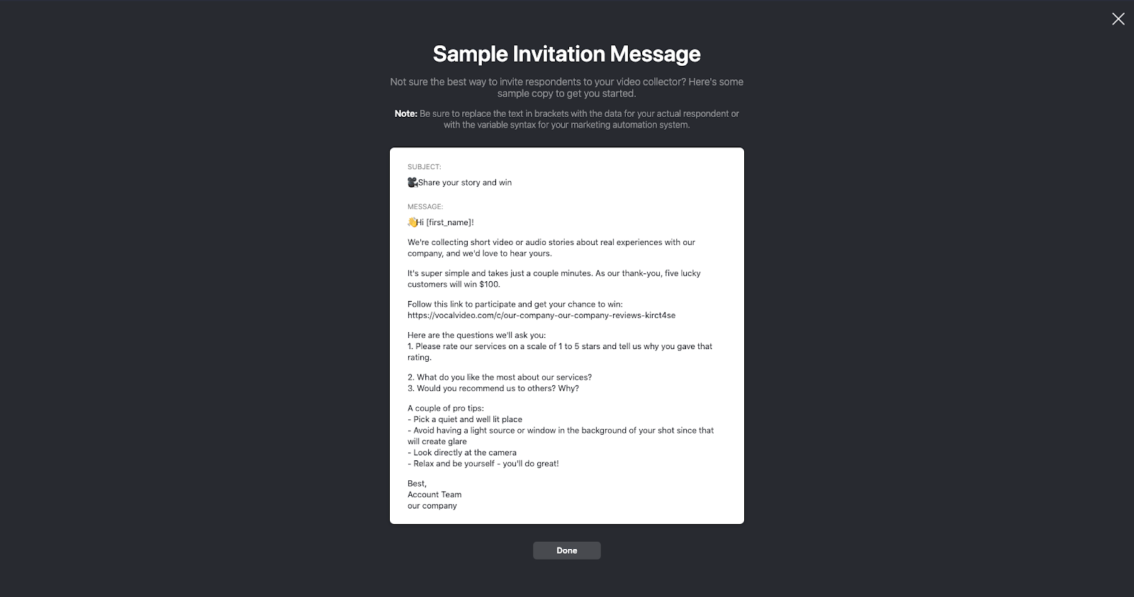 Sample Invitation Message: Sample copy to send to customers.