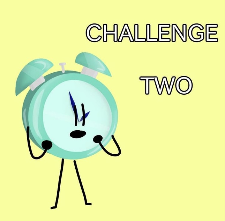 Timey stands with what I assume is a shocked expression, their mouth open and beeps hands on their face. The background is solid yellow, and words near the top read: CHALLENGE TWO.