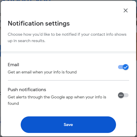 "Results about you" notification set-up pop up