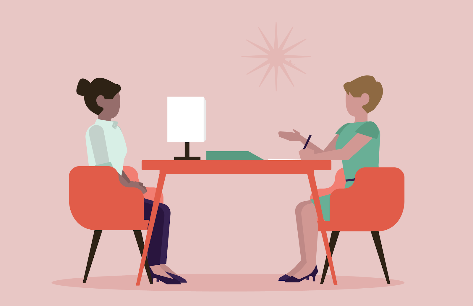 Artwork of two females sat at a desk 