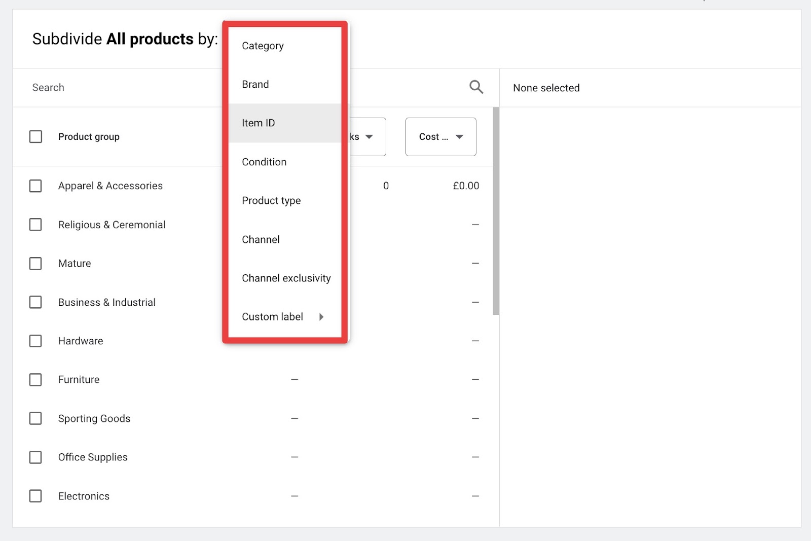 Screenshot that shows the different ways to subdivide products in Google Shopping