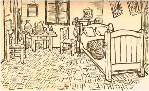 Ink-drawing-of-the-bedroom-in-arles-1888