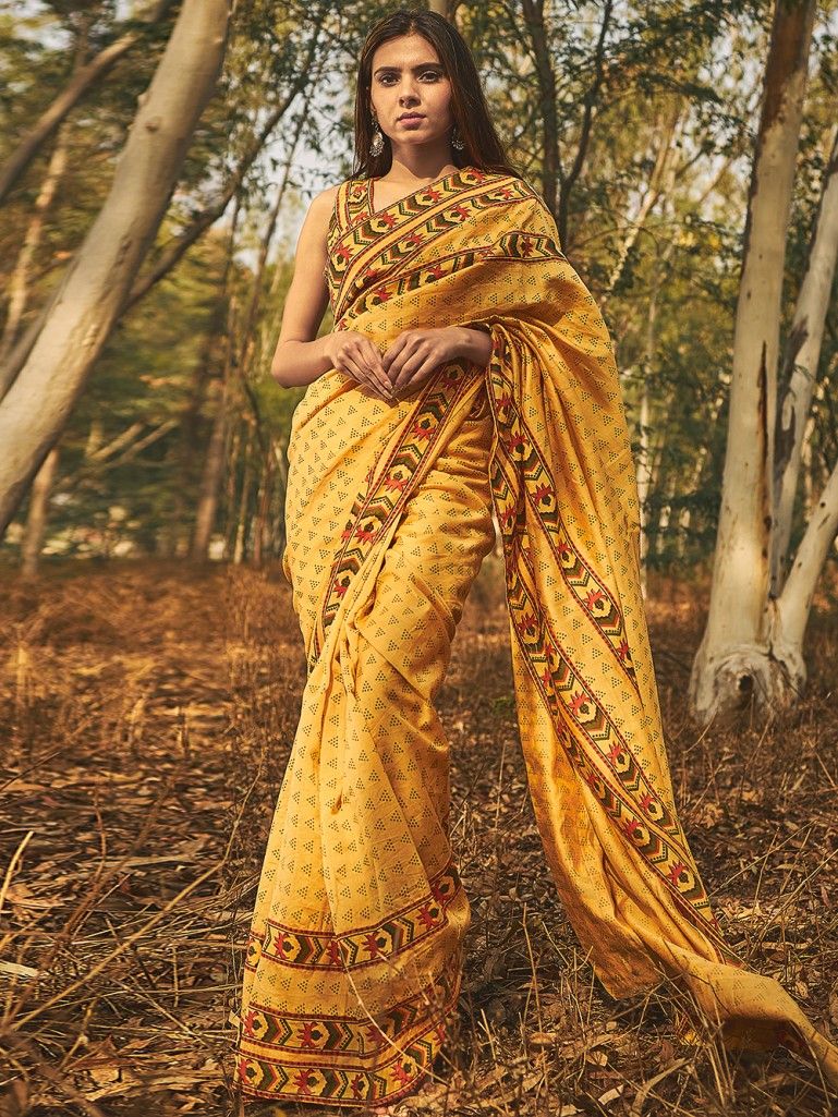Yellow Printed Chanderi Saree