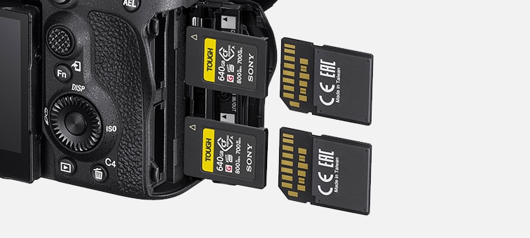 Image of camera with CFexpress cards and SD cards