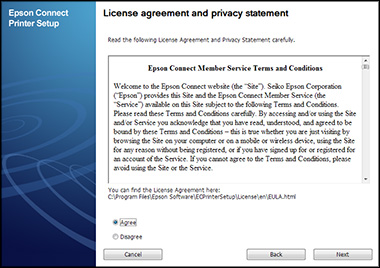 License agreement and privacy statement window with Agree  button selected