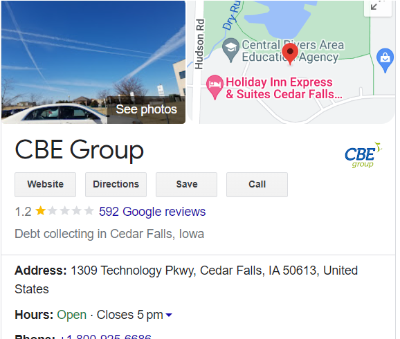 image shows that CBE Group has just a 1.2 rating on Google based on 592 reviews.