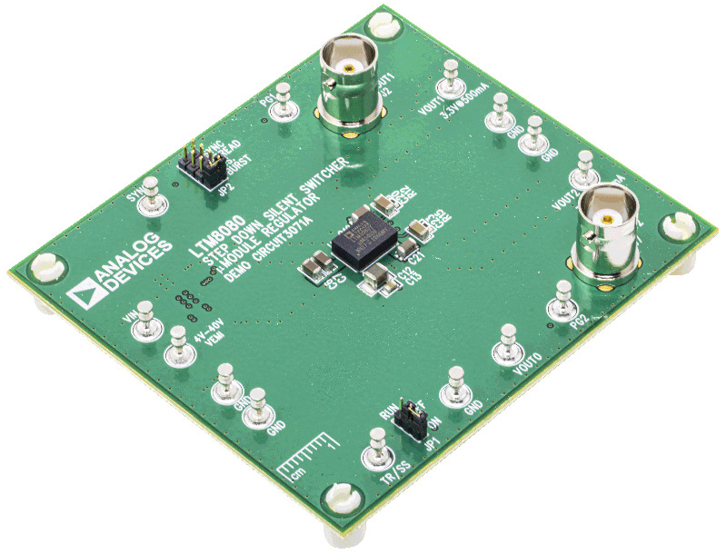 A demonstration circuit for Analog Devices’ new LTM8080 μModule regulator. Image used courtesy of Analog Devices
