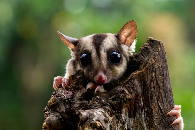 A sugar glider holding onto a piece of wood.