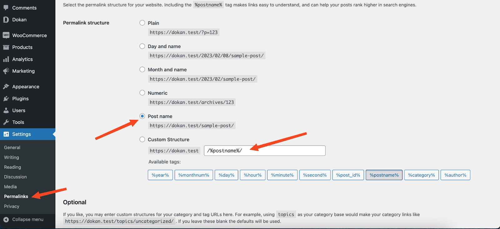 This illustration shows how to set up Dokan Permalinks